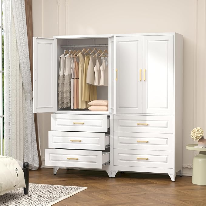 Polup 71" White Metal Armoire Wardrobe Closet with Doors and 3 Drawers | Freestanding Tall Steel Clothing Storage Cabinet, 180lbs Adjustable Shelves, Hanging Rod, for Bedroom, Office, Laundry