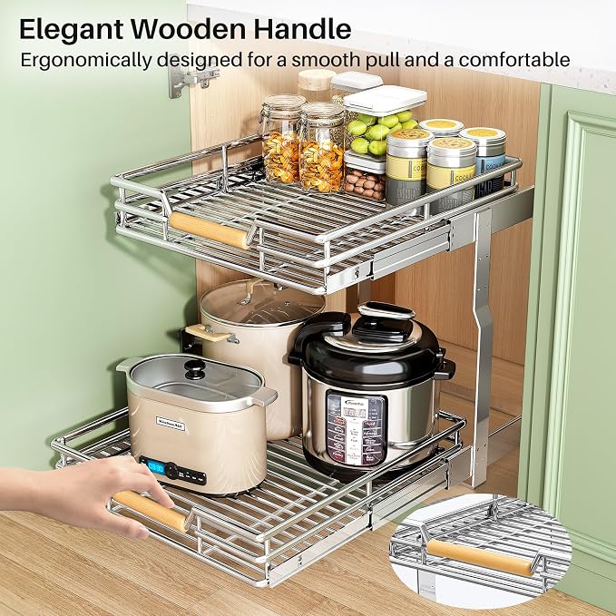 Pull out Cabinet Organizer, 2 Tiers 17"W X 21"D, Heavy Duty Smooth Sliding Under Cabinet Shelves for Pots and Pans, Full-Extension Roll out Drawers, Slide out Organization for Home Kitchen Pantry