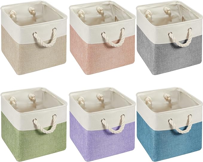 Geiserailie 6 Pcs 11 x 11 Inch Cube Storage Bins Fabric Storage Organizer Bins Foldable Cube Baskets with Sturdy Carry Handles Wicker Baskets for Home (Multicolored)