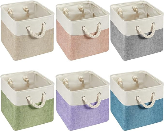 Geiserailie 6 Pcs 11 x 11 Inch Cube Storage Bins Fabric Storage Organizer Bins Foldable Cube Baskets with Sturdy Carry Handles Wicker Baskets for Home (Multicolored)