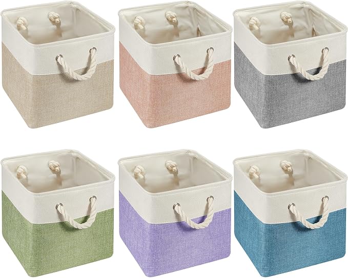 Geiserailie 6 Pcs 13 x 13 Inch Cube Storage Bins Fabric Storage Organizer Bins Foldable Cube Baskets with Sturdy Carry Handles Wicker Baskets for Home (Multicolored)