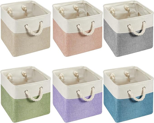 Geiserailie 6 Pcs 13 x 13 Inch Cube Storage Bins Fabric Storage Organizer Bins Foldable Cube Baskets with Sturdy Carry Handles Wicker Baskets for Home (Multicolored)