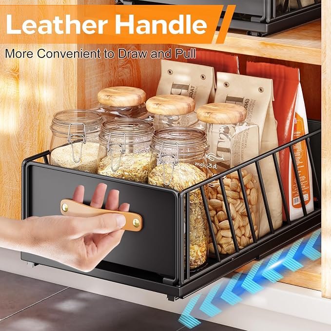Pull out Cabinet Organizer,Heavy Duty Slide out Pantry Shelves Drawer Storage with Adhesive Nano Film,Sliding Mesh Cabinet Basket with Handle for Kitchen, Bathroom, Home, 11.8"W X 15.7"D X6.2"H,Black
