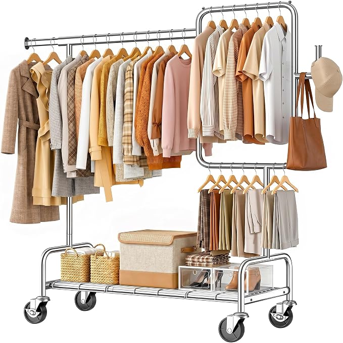 SOLEDI Heavy Duty Partitioned Clothes Rack, 600 LBS Load Metal Garment Rack with Shelves & Lockable Wheels, Rolling Hanging Rack for Bedroom, Laundry Room, Store & Garage (Silver)