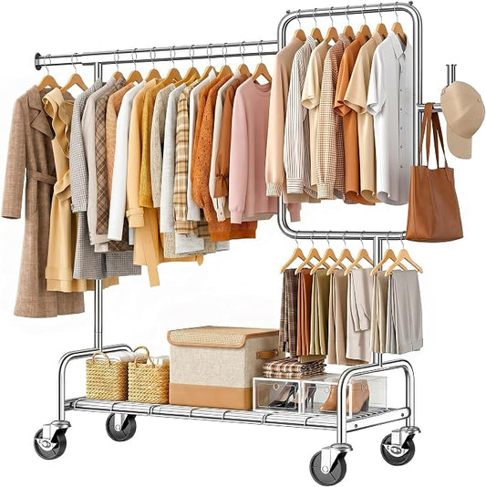 SOLEDI Heavy Duty Partitioned Clothes Rack, 600 LBS Load Metal Garment Rack with Shelves & Lockable Wheels, Rolling Hanging Rack for Bedroom, Laundry Room, Store & Garage (Silver)