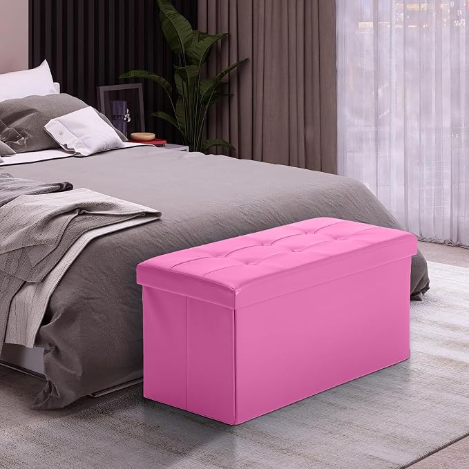 COSYLAND Ottoman Bench with Storage 30x15x15 inches White Ottoman for Room Folding Leather Footrest Footstool Rectangle Collapsible Furniture with Lid for Bedroom Living Room Pink