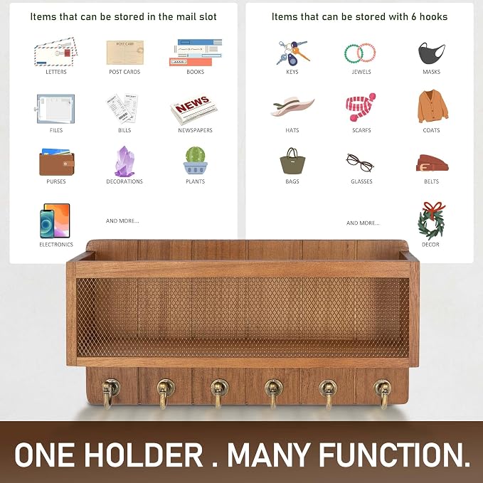 Rebee Vision Key Holder Wall Mount with Mesh Basket for Home, Golden Hook | Key Holder for Wall, 6 Sturdy Hooks, Mail Organizer, Kitchen Organization, Space-Saving Wooden Design, Functional Home Decor