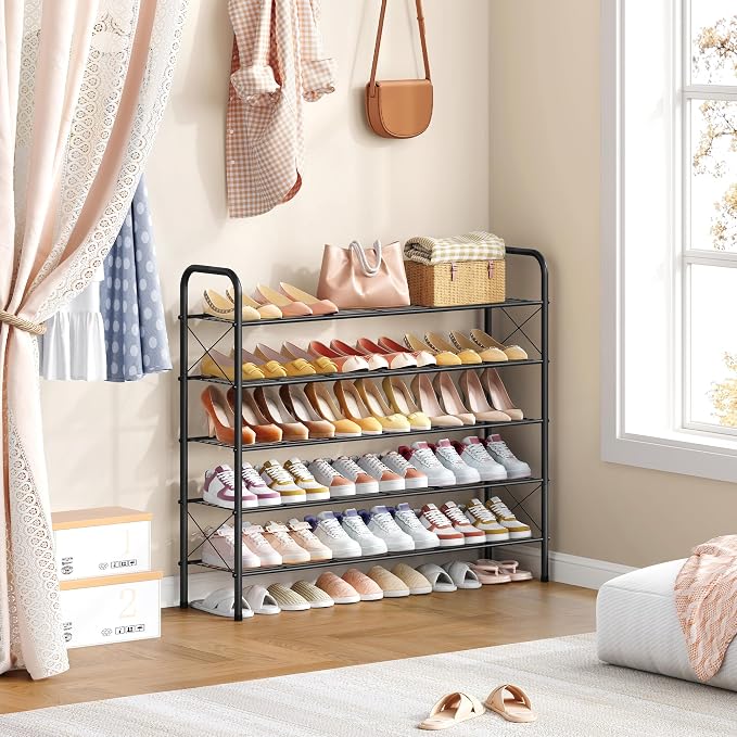 Hoctieon 5 Tier Mesh Style Shoe Rack, Entryway Shoe Shelf, Shoe Storage Organizer, Shoe Rack for Closet, Space Save for Bathroom, Garage, Hallway, Bedroom, Living Room, Black