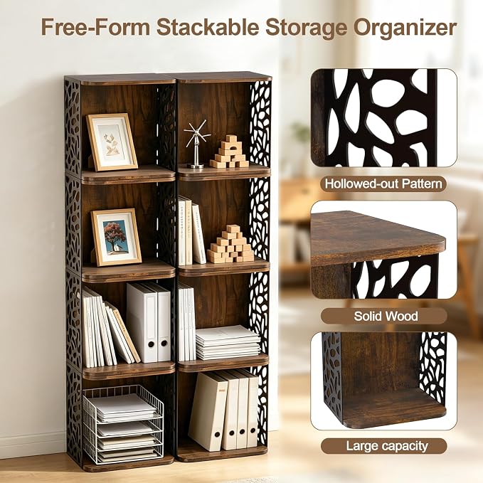 Small Bookcase, Small Bookshelf for Small Spaces Cube Organizer Storage | Wooden Stackable Space-Saving Storage Short Bookshelf for Books Magazines Vinyl Records for Living Room Bedroom Home Office