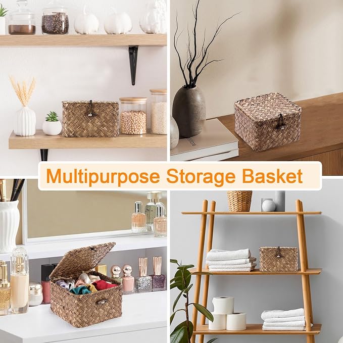 Hipiwe Seagrass Basket Bin with Lid X-Small Handwoven Wicker Storage Basket | Square Decorative Baskets Box for Shelf Multipurpose Household Baskets Organizer for Home Decor