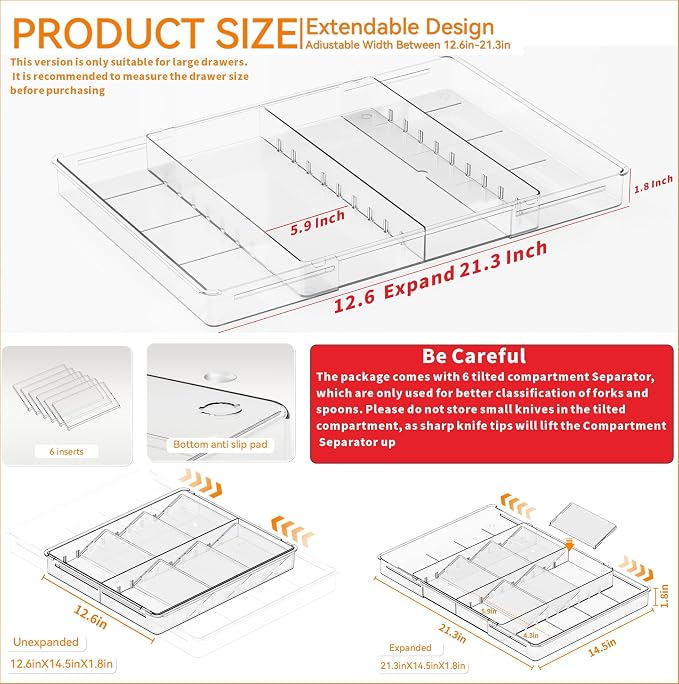 Large Expandable Silverware Organizer - Adjustable From 11'' to 21.3'' - Spatula,Gadget,Knife,Cutlery,Spoons and Forks Organizer,Clear Flatware,Silverware Tray,Utensil Organizer for Kitchen Drawers