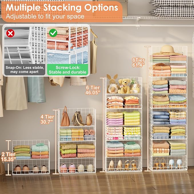 Yuyetuyo Stackable Hanging Closet Organizer, 8 Tier Wire Storage Shelves | Adjustable Detachable Foldable Heavy Duty