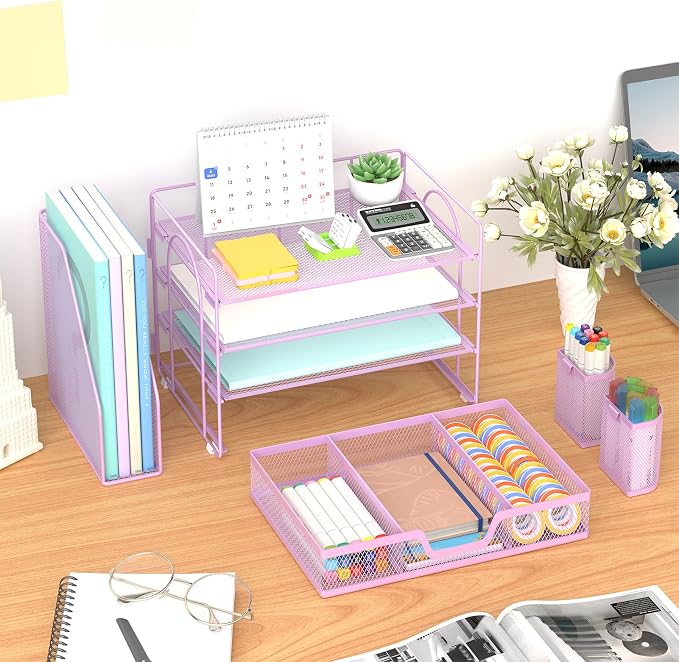 Marbrasse 4-Tier Paper Tray Organizer with Drawer and Pen Holder, Purple | Metal Mesh Desk Organizer, Built-in Drawer & 2 Pen Slots, fits letters/Files, for School Home Office Supplies