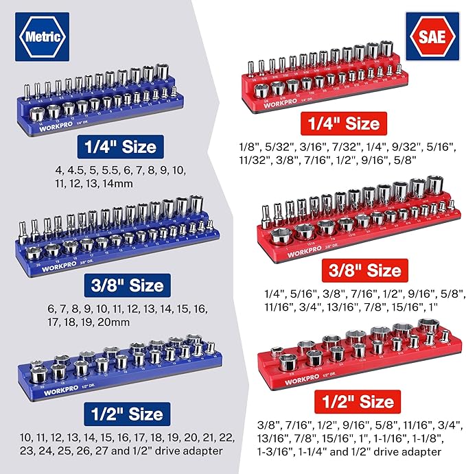 WORKPRO 8-Piece Magnetic Socket and Wrench Organizer Set | 6-Piece Socket Holders, 1/4" 3/8" 1/2" DR Tool Trays, For Metric SAE Sockets, 2-Piece Wrench Holders, For Metric SAE Wrenches