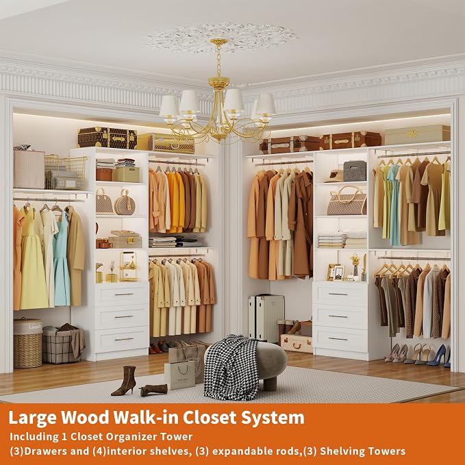 Closet System with Drawers, 5-7.61FT Closet Organizer System with Cuttable Shelves & 3 Expandable Hanging Rods, 96” Walk in Closet Organizer Storage System, Modular Closet Systems Adjustable, White