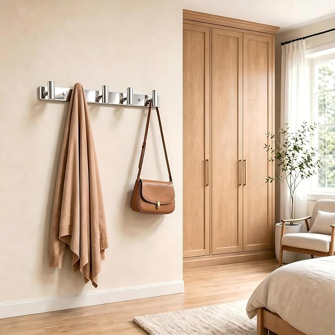 Wall Mounted Coat Rack-5 Hooks, Heavy Duty Stainless Steel Wall Hooks for Towel Coat Bag, Hat Rack Hanger Coat Hooks Towel Racks for Bathroom Entryway Kitchen Hotel (Glossy Chrome, 1 Pack)