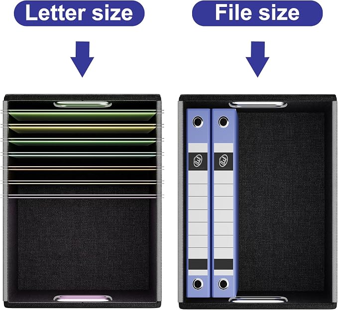 File Organizer Box with Lids, Collapsible File Folder Organizer | File Box with Plastic Slides for Document, Filing Bin for Letter Size Hanging File Folders (4 Pack, Navy Blue, Leather)
