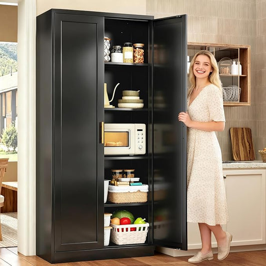 71”Tall Kitchen Pantry Cabinet, Metal Storage Cabinet with Doors and Shelves (Black)