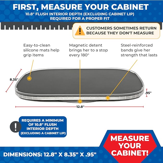 Organizer for Cabinet Steel-Reinforced 1-Tier Rotating Kitchen Organizer – Rectangular Turntable for Kitchen Cabinets – Holds Up to 30 lbs with Non-Slip Mat for Refrigerator Storage