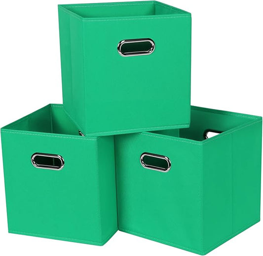 Black Fabric Cubby Storage Bins,13x13x13 Inches,Cube Organizer Bin Foldable Storage Boxes with Dual Handles Fabric Organizer Box and collapsible Storage basket,Set of 3,Green