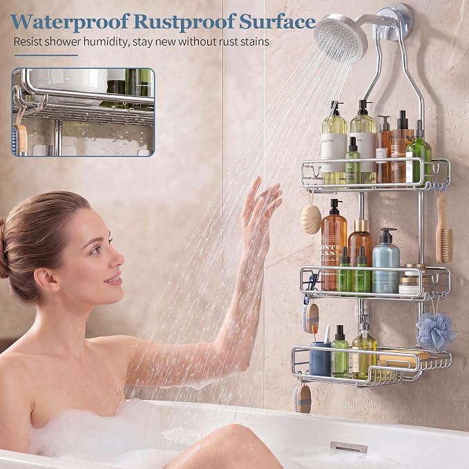Skyapex Shower Caddy Hanging Bathroom Organizer: Over Head Adjustable Rack for Tall Showerhead - Extra Large Storage Shelf for Big Shampoo Bottles with Soap Holder