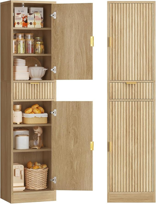 67″ Storage Cabinet with 1 Drawer and 2 Doors,Tall Bathroom Storage Cabinet with Adjustable Shelves, Rattan Fluted Cabinet for Bathroom, Living Room, Kitchen, Natural Oak
