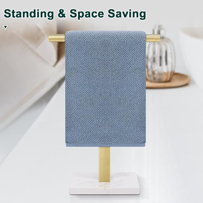 Hand Towel Holder, T-Shape Hand Towel Stand for Bathroom, Hand Towel Rack Bar Standing for Vanity Kitchen Countertop, 304 Stainless Steel, Marble Base (Gold)