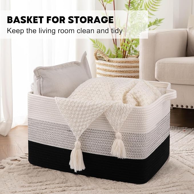 OIAHOMY Large Blanket Basket, 65L Cotton Rope Woven Laundry Basket, Toy Bin for Baby Room, Container for Blanket Storage in Living Room, 20''×16''×12'', Gradient Black