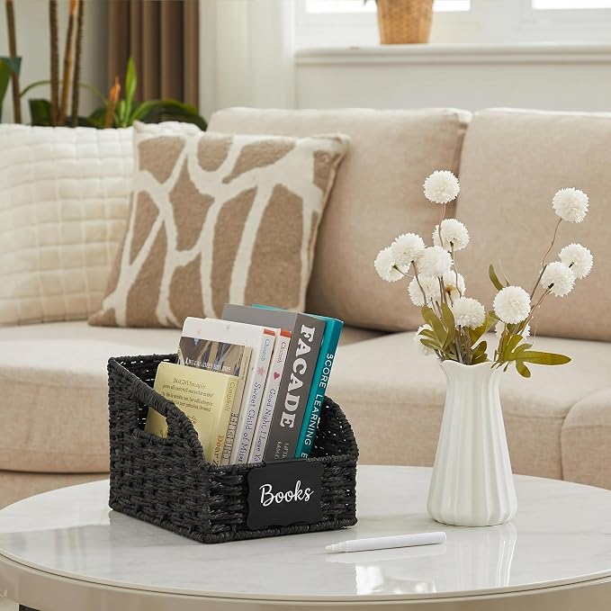 Pantry Organizers, Handwoven Large Wicker Baskets for Shelves, Labeled Storage Baskets for Organizing with Handles - Paper Storage Bins, Boho Decorative, 3 Pack, Black