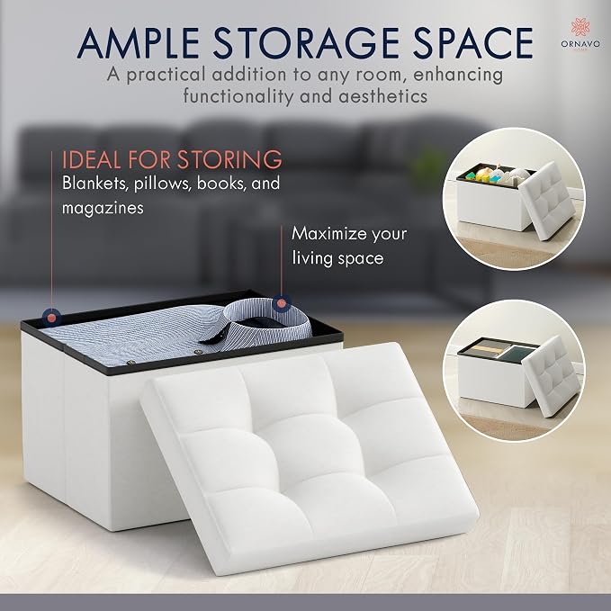 Ornavo Home Small Rectangle Storage Ottoman, Linen, 12x16x12, White | Collapsible Cube Design; Foot Rest Stool Seat; Ideal for Living Room, Bedroom, Home Office or Dorm