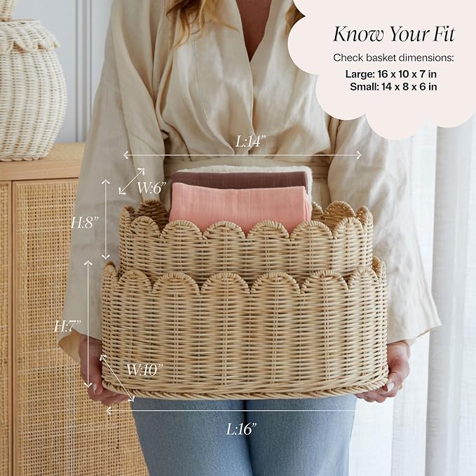 BEBE BASK Premium Scalloped Basket Set of 2 (16x10x7 In) - Storage Baskets | Handwoven Rattan, Scallop Basket, Wicker Basket With Scalloped Edge, Nursery Storage, Set of 2, Natural