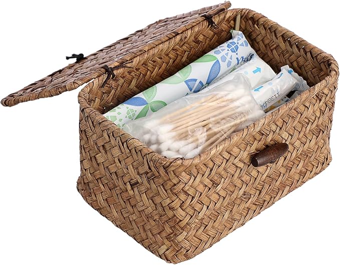 Small Wicker Basket with Lid, Seagrass Organizer, 6.1" x 4" x 3.3" | Handwoven Wicker Storage Basket, Multipurpose Household Organizer for Dental Floss, Paper Clip, Home Decor