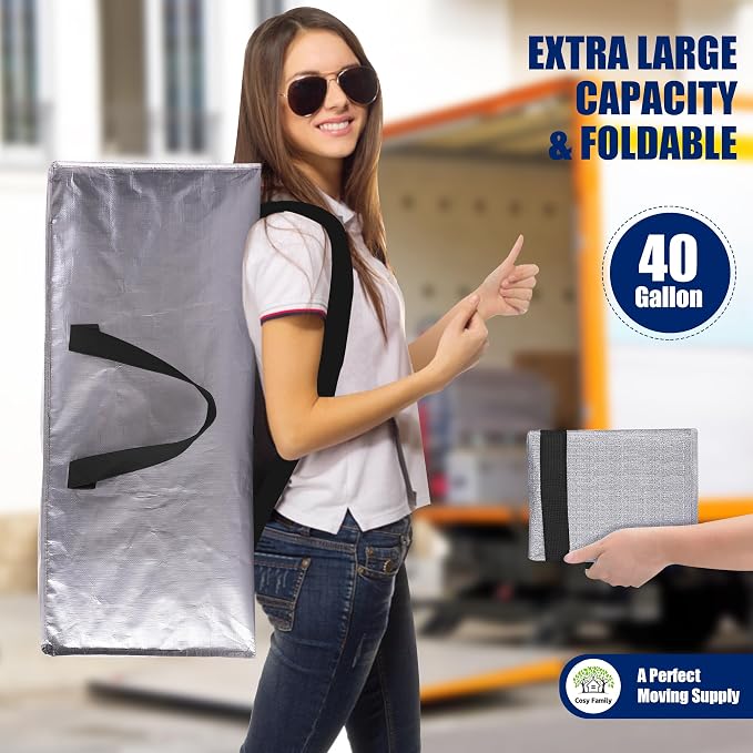 Cosy Family 8 Pack Heavy Duty Extra Large Moving Bags with Backpack Straps - Strong Handles & Zippers, Storage Totes For Space Saving, Fold Flat, Alternative to Moving Box (40 gal, Silver)
