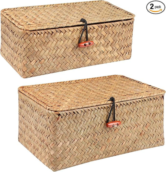 Moosky Wicker Shelf Baskets with Lid,Handwoven Seagrass Basket for Storage Basket Bins Rectangular Home Organizer Gift Boxes (Natural Set of 2)