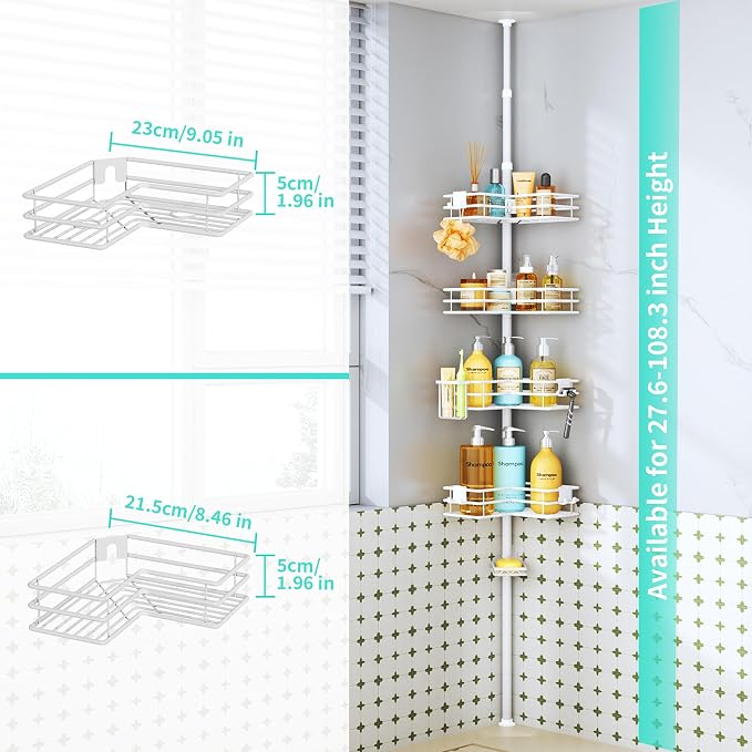 HapiRm Corner Shower Caddy Organizer - Shower Rack with Toothbrush Holder | Shower Shelves with Soap Holder and 4 Hooks,Rustproof Bathroom Storage Tension Pole Available for 27.6 to 108.3 Inch - White