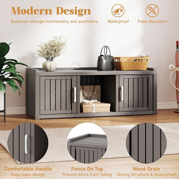 NUNU LAB Shoe Storage Cabinet, Waterproof Shoe Organizer with Adjustable Shelves, UV-Resistant Entryway Shoe Cabinet Bench with 2 Barn Doors for Indoor Outdoor, Foyer, Hallway, Living Room,Grey