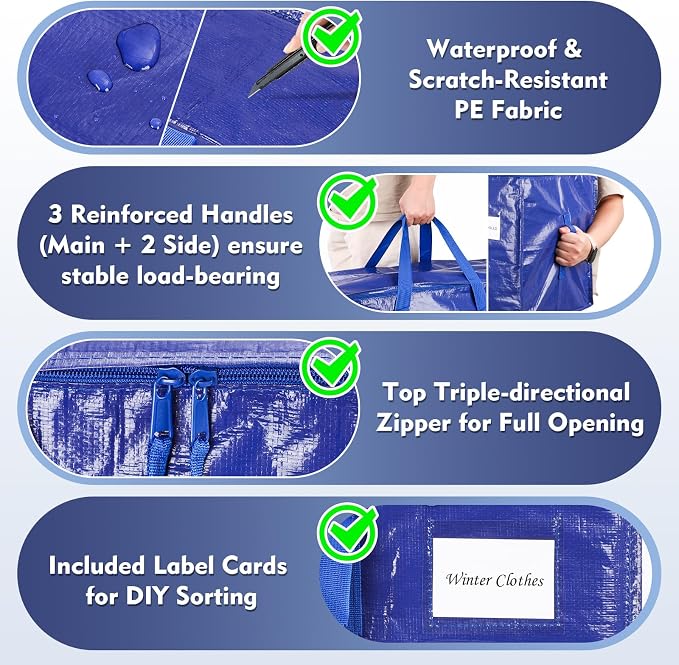 KYODOLED 6 Pack Extra Heavy Duty Blue Moving Bags - Large Move In & Packing Bags for College Students, Sturdy Storage Totes with Strong Zipper & Comfortable Handles for Clothes Storage