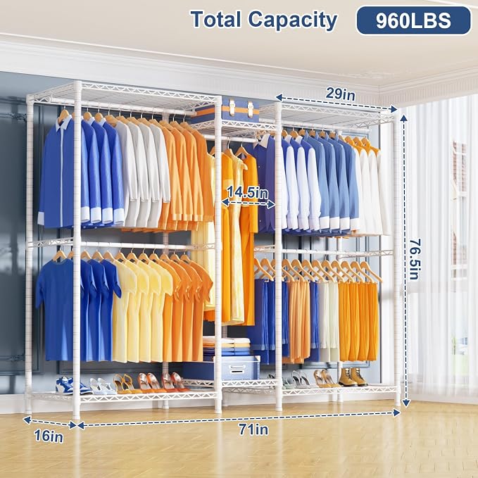 E12 Pro Clothes Rack，Heavy Duty Freestanding Garment Rack with Shelves，Metal Clothing Closet Storage System for Hanging Clothes，71" W x 16" D x 76.5" H, Hold 960 lbs，White
