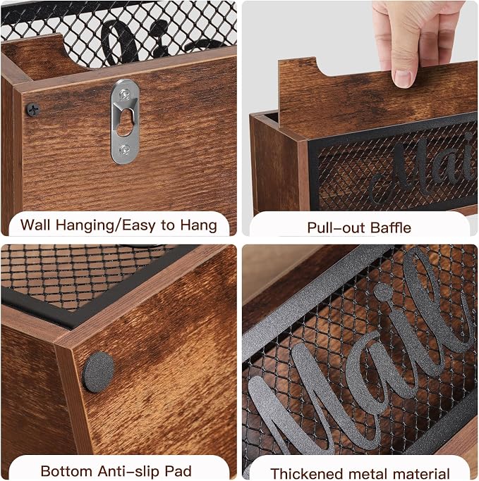 Mail Organizer Mail Holder with 2 Slots | Wooden Mail Basket Mail Sorter for Wall Table Countertop | Bill Envelope Letter Holder for Home Office