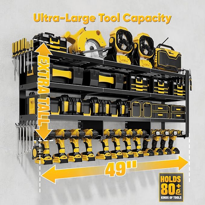 POKIPO 49" W Large Power Tool Organizer Wall Mount, 4 Layer Heavy Duty Loads 800 lbs, Tool Storage Rack Holds 12 Cordless Drills, Large Capacity Battery Holder for Garage, Gift for Men