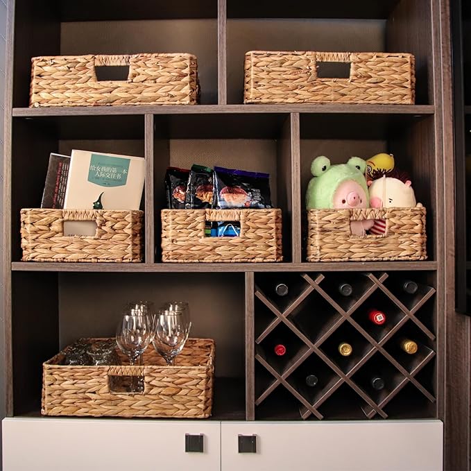 Rectangular Wicker Shelf Basket, Square Water Hyacinth Woven Storage Basket | Three-sided handle design, Natural water hyacinth material, Suitable for the living room, storage room, vanity, and wardrobe
