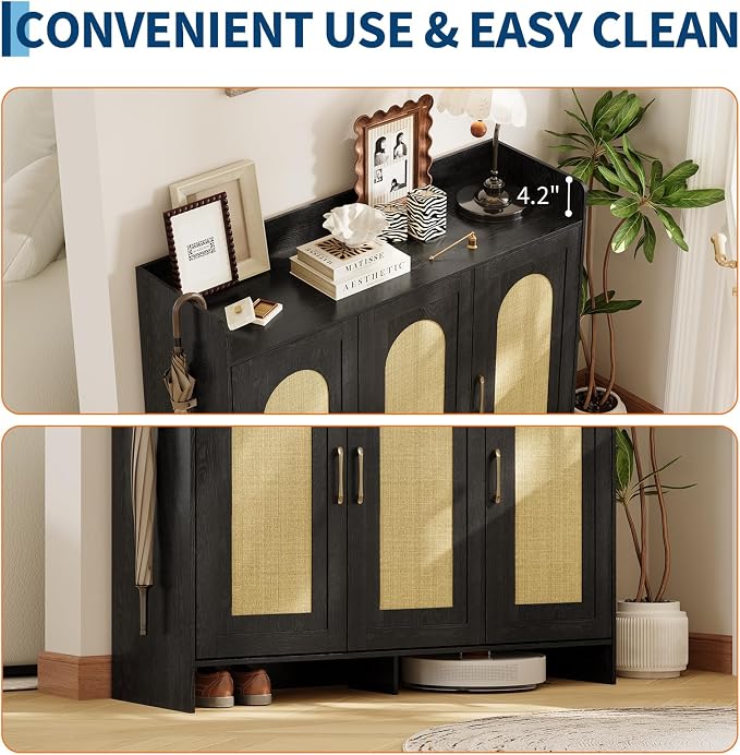 Garvee Shoe Cabinet Storage for Entryway, Rattan Shoe Rack with 3 Doors | Farmhouse Boho Wood Shoe Organizer Cabinet for Entrance Hallway Living Room Foyer