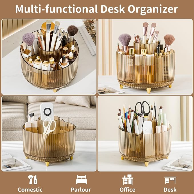 fanado 360° Rotate Makeup Brush Holder Organizer, Makeup Organizers Countertop, Makeup organization and Skincare Storage for Vanity, Desktop, Bathroom (Clear Amber)