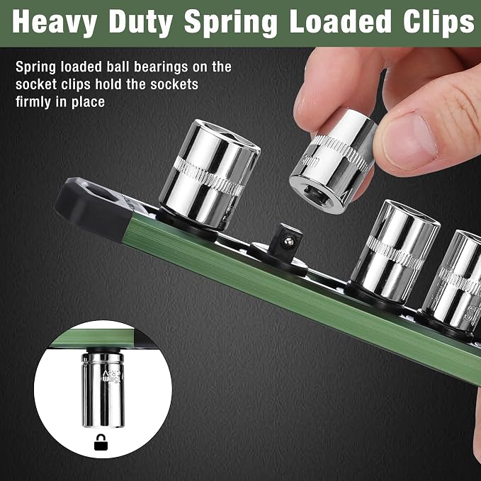 WORKPRO Magnetic Socket Organizer, Heavy Duty 1/4-Inch Drive Socket Rail | 1 Piece Socket Holder with 12 Spots, Aluminum Alloy, Rotatable & Movable Clips, Efficient Organization