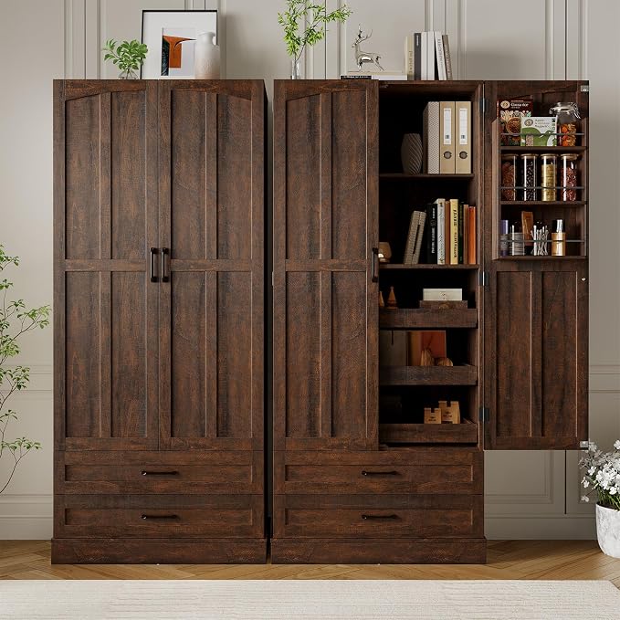 71" Tall Farmhouse Kitchen Pantry Cabinet with 3 Pull Out Shelves & 2 Large Drawers, Pantry Storage Cabinet with 6 Door Shelf & Adjustable Shelf, Freestanding Cupboard for Kitchen, Dining Room