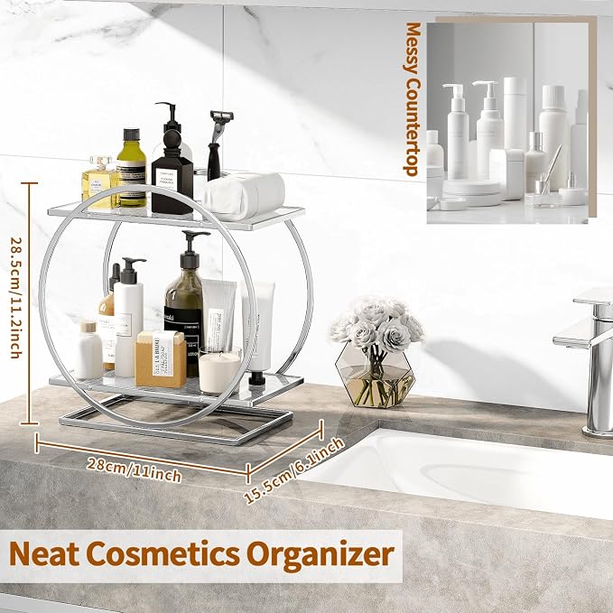 Makeup Perfume Organizer, Sliver 2-Tier Bathroom Counter Organizer | Bathroom Countertop Shelf Organizer, Makeup Organizer for Vanity, Perfume Stand for Dresser, Skincare Storage Make Up Holder