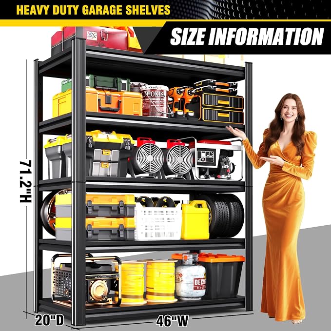 Set of 6 Heavy Duty Garage Shelving, 71.2" Hx46 Wx20 D, Adjustable Storage Shelves Unit for Garage Storage, Metal Shelving & Shelves Organizer for Home, Warehouse, Workshop & Commercial Use