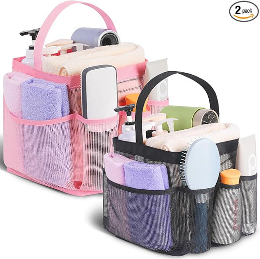 EUDELE 2 Pack Mesh Shower Caddy Portable for College Dorm Room Essentials, Shower Caddy Dorm with 8-Pocket Large Capacity,Shower Bag for Beach,Swimming,Gym All Black+All Purple