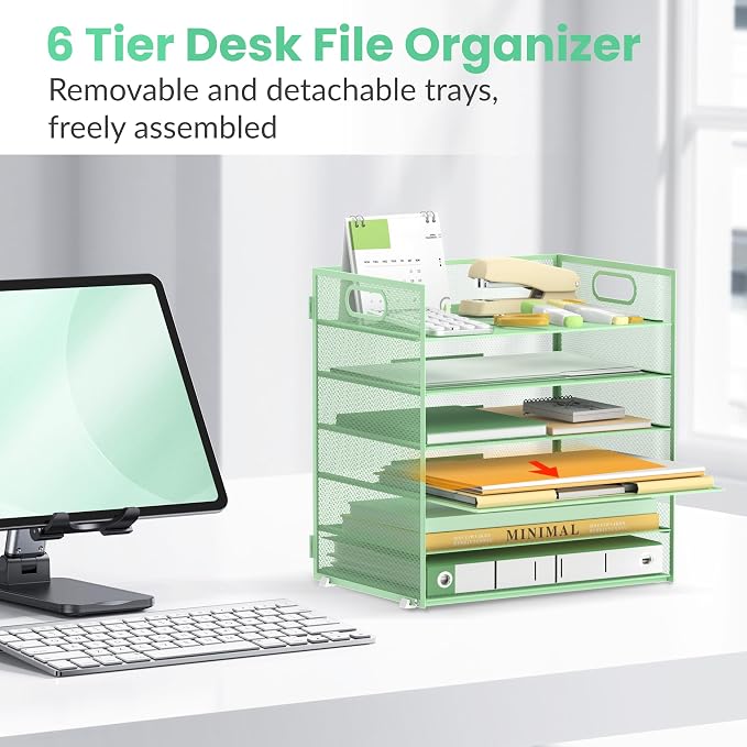 Daltack 6-Tier Paper Organizer for Desk with Handle, Green | Sturdy Metal Mesh Organizer with Movable Middle Trays and a Carry Handle for Papers, Folders and Office Supplies