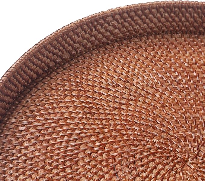 13.8 inch Round Rattan Tray, Decorative Coffee Table Tray, Ottoman Trays, Woven Serving Trays with Handles Wicker Serving Basket, Reddish-Brown
